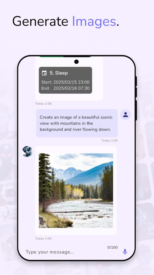Store screenshot: generating an image of a mountain lake from a chat prompt