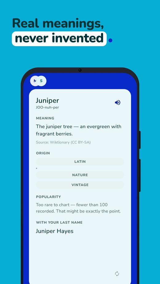 Store screenshot: a name card showing its real meaning and origin
