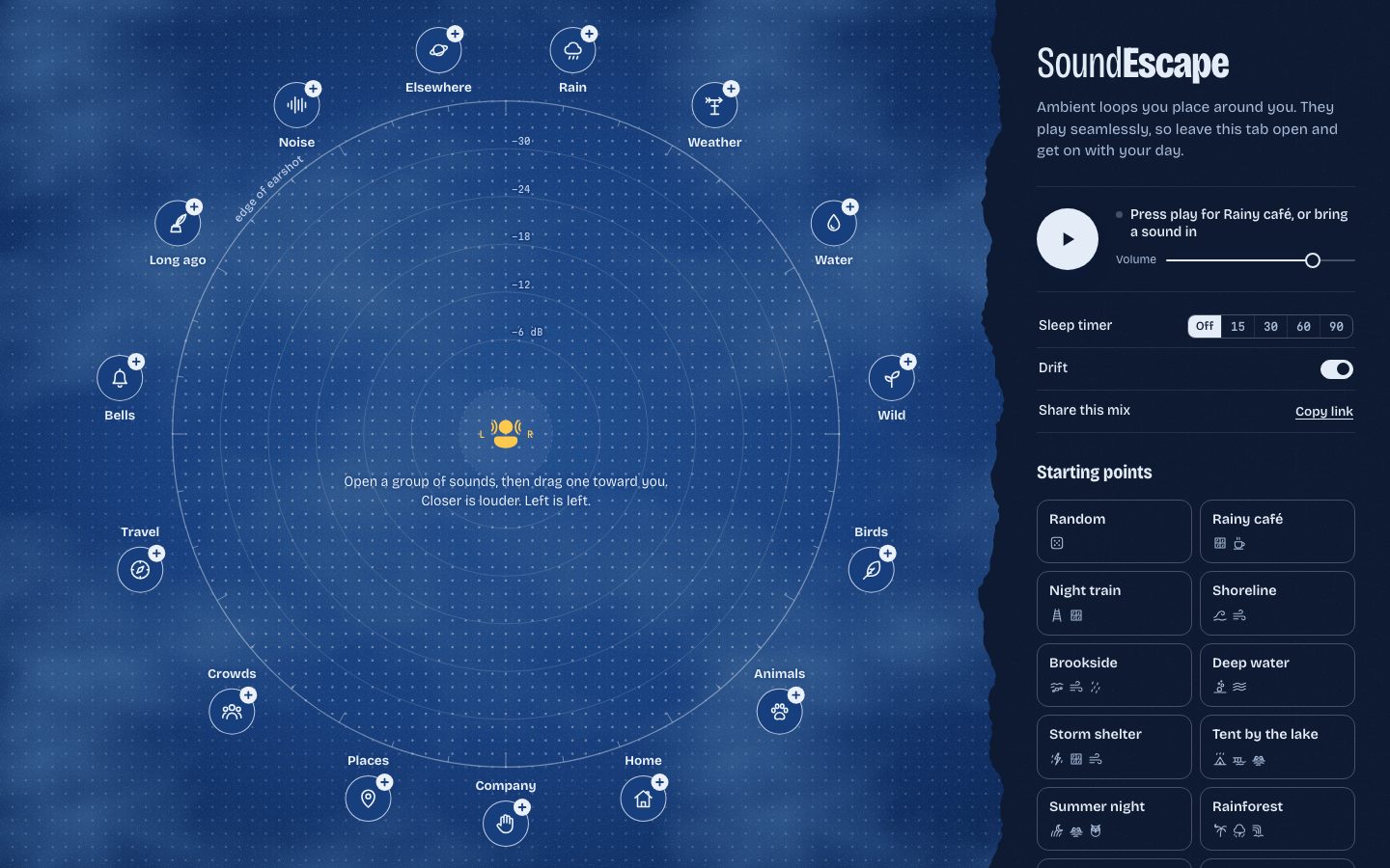 SoundEscape in a browser: a blue circular listening chart with sound groups like Rain, Birds and Travel around the listener